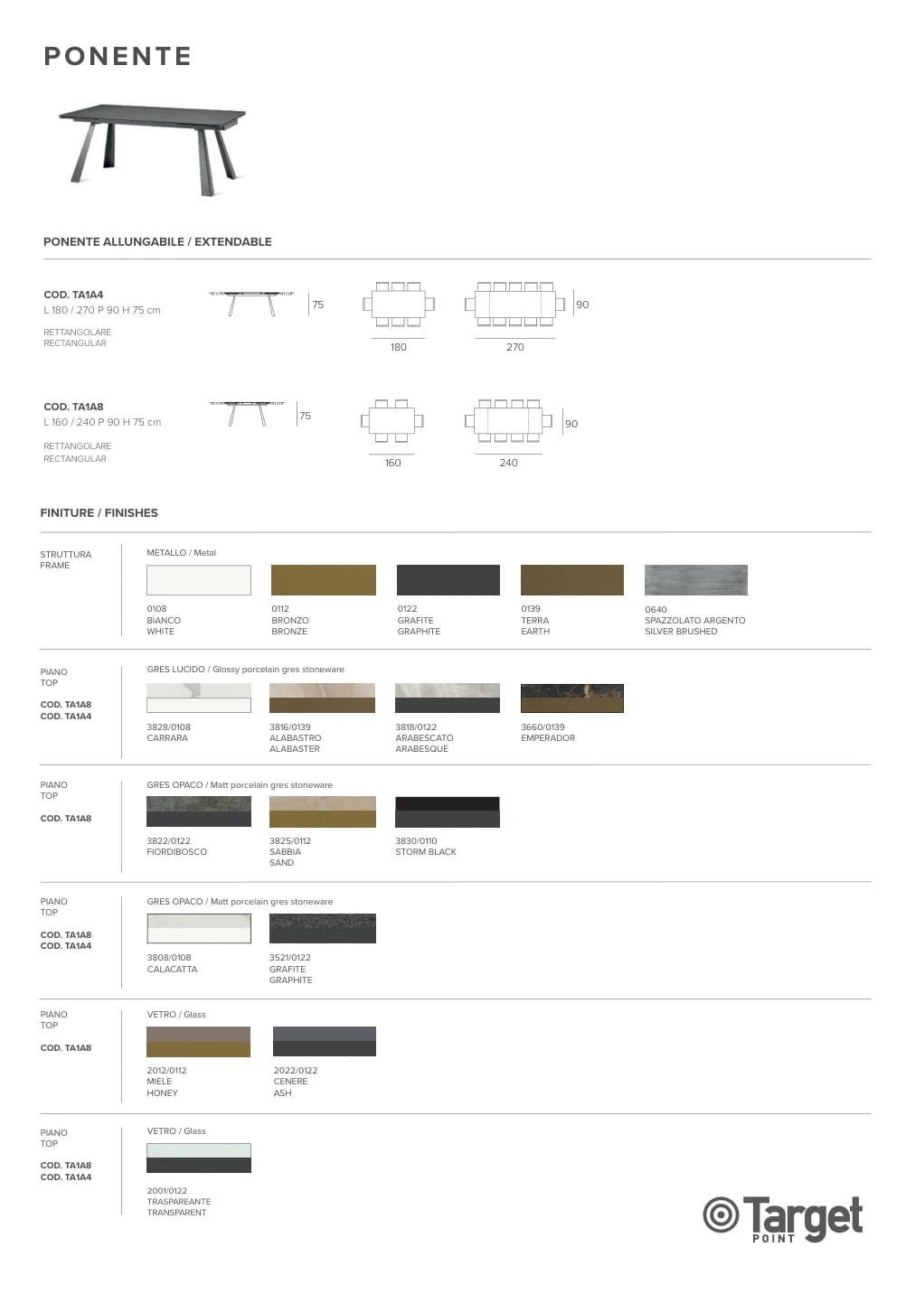 Обеденный стол Ponente — Target Point: фабричная схема размеров 1